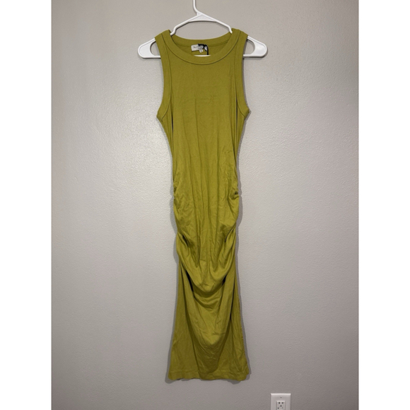 Michael Stars Racerback Ruched Side Midi Bodycon Dress Yellow Medium Workwear - Picture 2 of 6